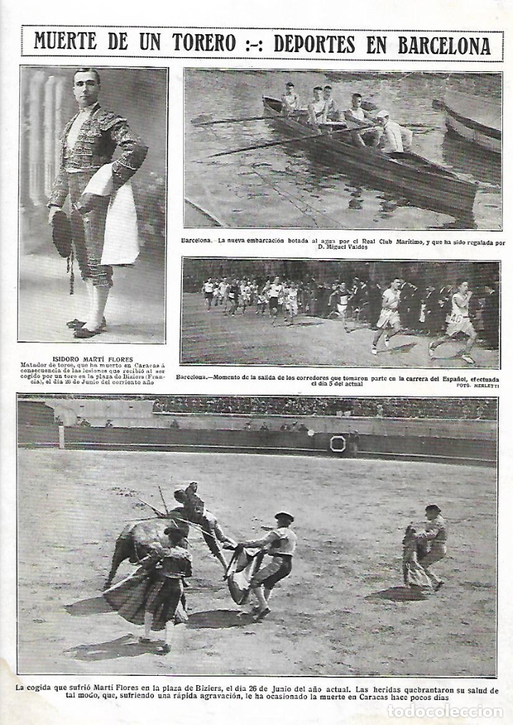 Collectionnisme: A&Ntilde;O 1921 RECORTE PRENSA MUERTE TORERO DE ALFARRASI ISIDORO MARTI FLORES COGIDA CARACAS BIZIERS