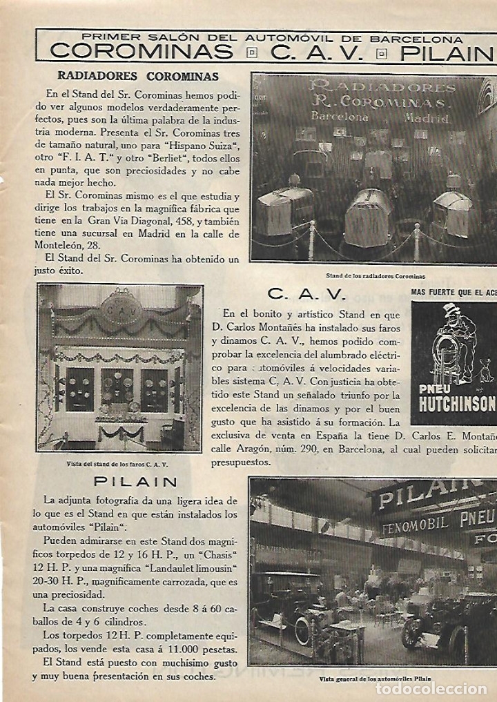 Colecionismo: A&Ntilde;O 1913 RECORTE PRENSA RADIADORES COROMINAS PILAIN  MONTA&Ntilde;ES C.V.A PRIMER SALON AUTOMOVIL BARCELONA