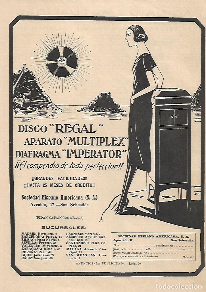 Collecting paper: A&Ntilde;O 1924 RECORTE PRENSA PUBLICIDAD DISCO REGAL APARATO MULTIPLEX SOCIEDAD HISPANO AMERICANA