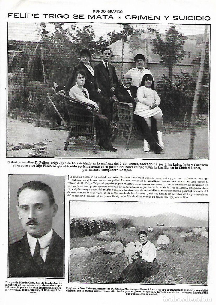 Collectionnisme: A&Ntilde;O 1916 RECORTE PRENSA MUERTE SUICIDIO ESCRITOR FELIPE TRIGO
