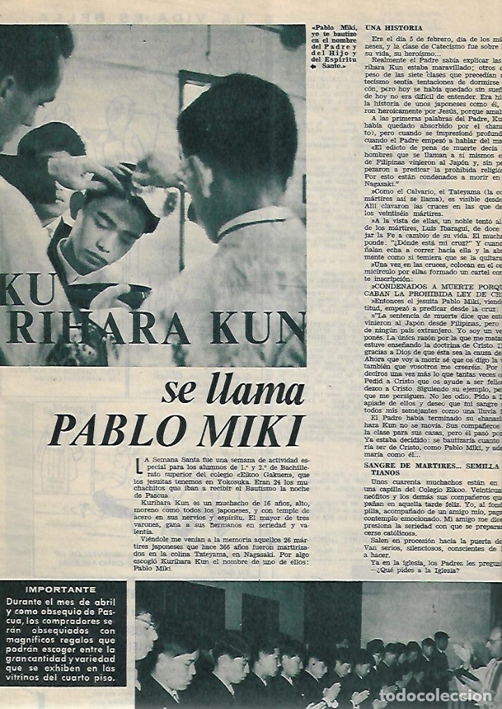 Collectionnisme: A&Ntilde;O 1963 RECORTE PRENSA KU RIHARA KUN PAU PABLO MIKI SANTO MARTIR JAPONES IGLESIA CATOLICA