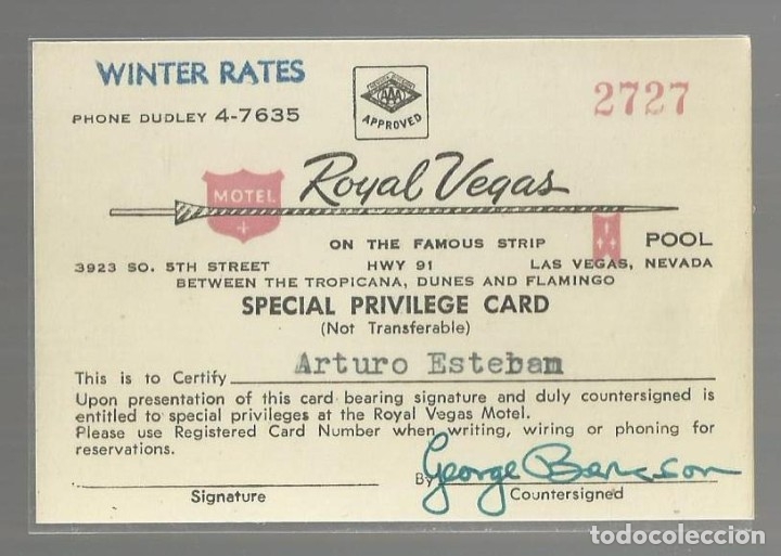 Coleccionismo: MOTEL ROYAL VEGAS. LAS VEGAS. USA. TARJETA DE REGISTRO. SPECIAL PRIVILEGE CARD.