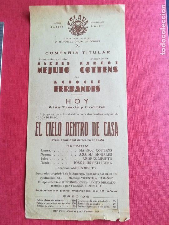 Coleccionismo: PROGRAMA TEATRO ESLAVA VALENCIA EL CIELO DENTRO DE CASA - ANTONIO FERRANDIS COTTENS - ANDR&Eacute;S MEJUTO