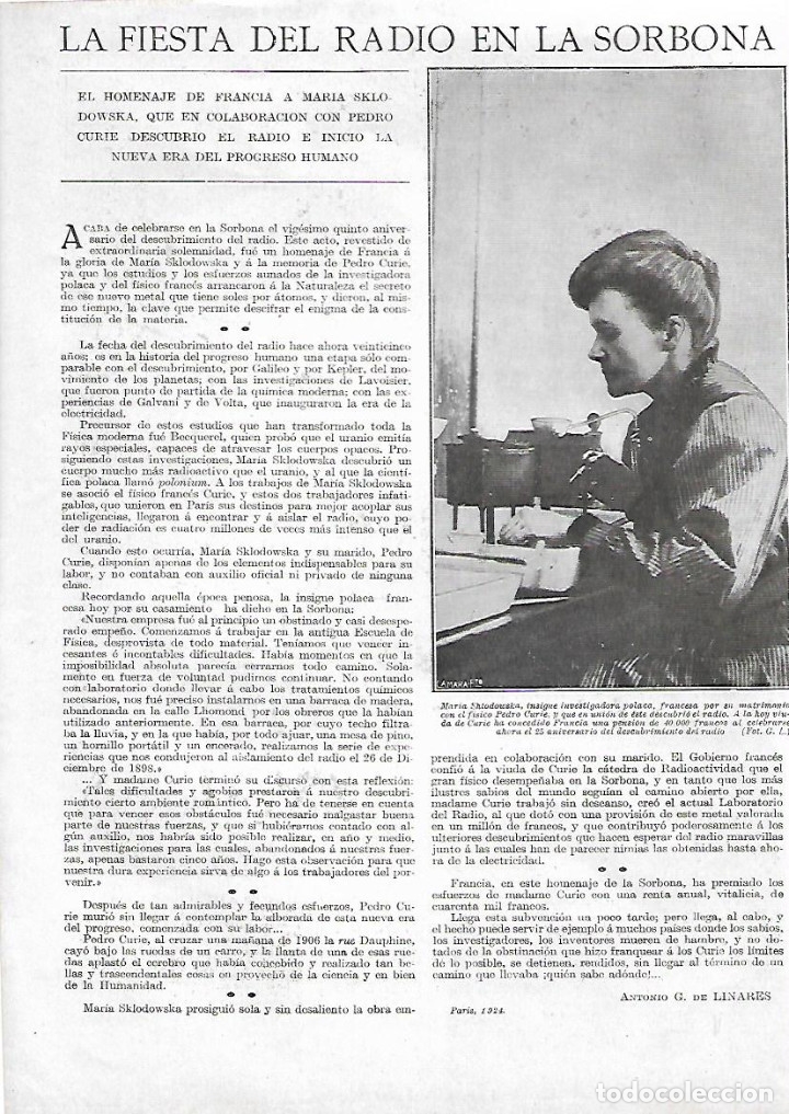 Collectionnisme: A&Ntilde;O 1924 RECORTE PRENSA EL RADIO HOMENAJE EN LA SORBONA A MARIA SKLODOWSKA PEDRO CURIE
