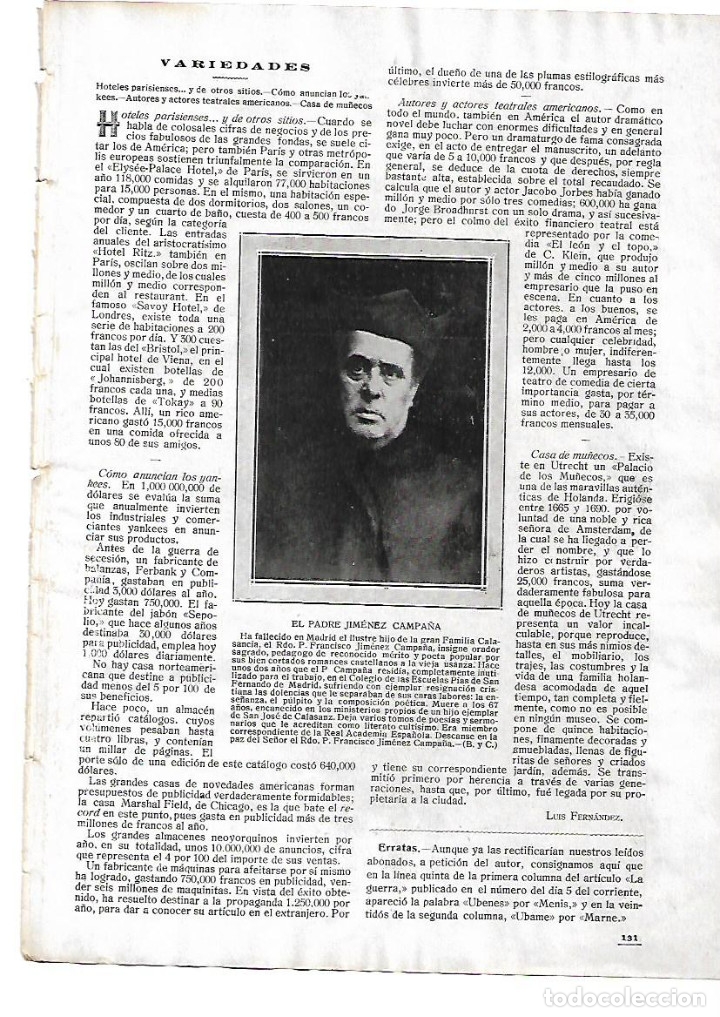Coleccionismo: A&Ntilde;O 1916 RECORTE PRENSA NOTICIA DE LA MUERTE PADRE JIMENEZ CAMPA&Ntilde;A SACERDOTE