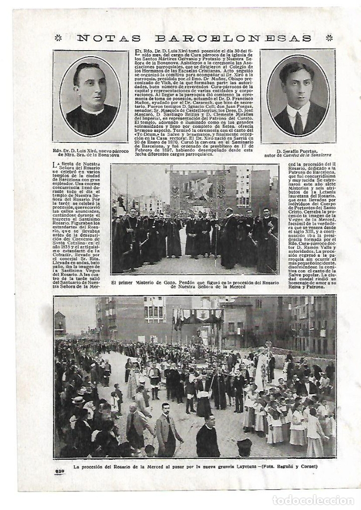 Collectionnisme: A&Ntilde;O 1916 RECORTE PRENSA BARCELONA PRIMER MISTERIO GOZO PENDON PROCESION DEL ROSARIO VIRGEN LA MERCE