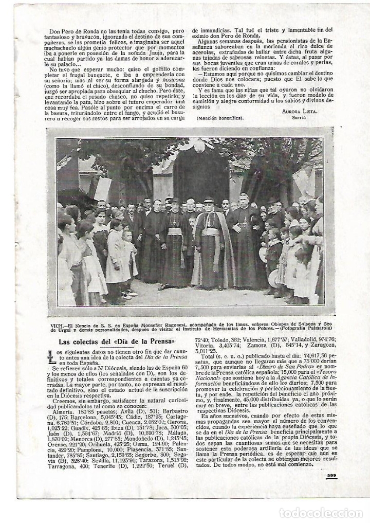 Coleccionismo: A&Ntilde;O 1916 RECORTE PRENSA VISITA DEL NUNCIO PAPA MONSE&Ntilde;OR RAGONESI VIC HERMANITAS POBRES INSTITUTO