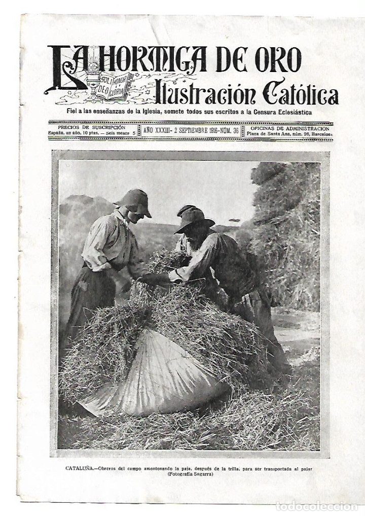 Coleccionismo: A&Ntilde;O 1916 RECORTE PRENSA FOTOGRAFIA SAGARRA AGRICULTURA RECOGIENDO PAJA TRILLA FARDO BALAS DE PAJA