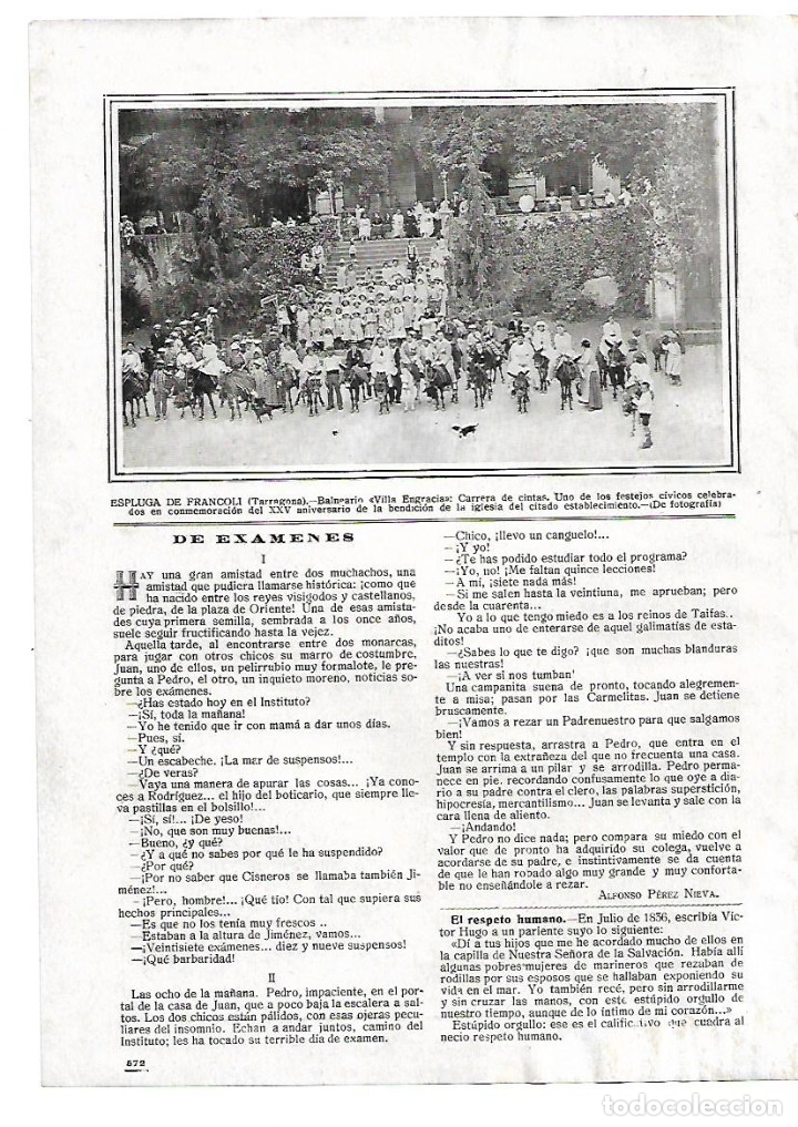 Collezionismo: A&Ntilde;O 1916 RECORTE PRENSA ESPLUGA DE FRANCOLI TARRAGONA BALNEARIO VILLA ENGRACIA CARRERA DE CINTAS