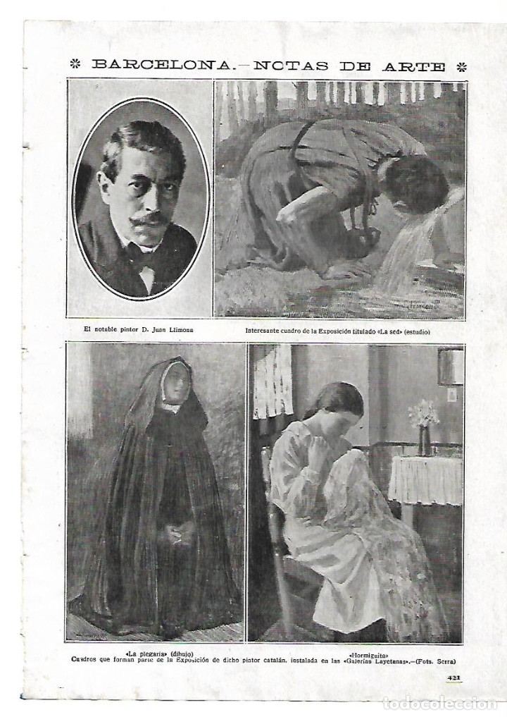 Collezionismo: A&Ntilde;O 1916 RECORTE PRENSA ARTE PINTURA CUADROS JUAN LLIMONA HORMIGUITA LA PLEGARIA LA SED