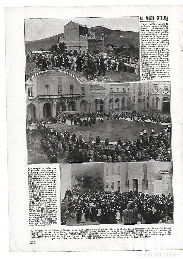 Collezionismo: A&Ntilde;O 1916 RECORTE PRENSA ZUMARRAGA BENDICION ADORADORES NOCTURNOS EN LA PLAZA NUEVA