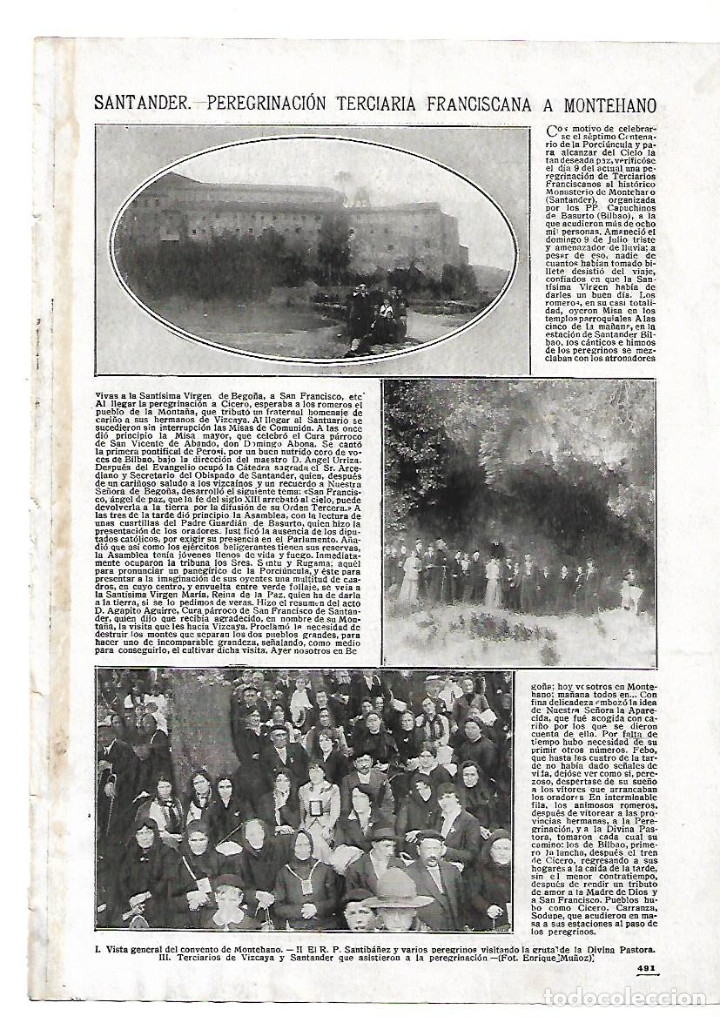 Collezionismo: A&Ntilde;O 1916  SANTANDER PROCESION PEREGRINACION TERCIARIA FRANCISCANA A MONTEHANO GRUTA DIVINA PASTORA