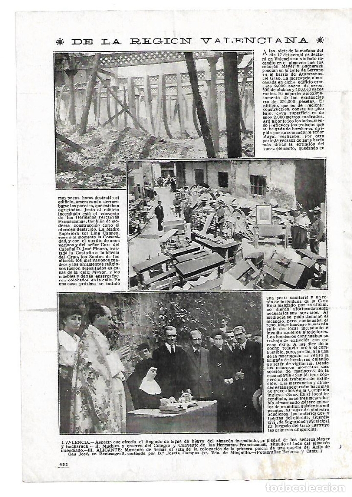 Coleccionismo: A&Ntilde;O 1916 RECORTE PRENSA VALENCIA INCENDIO DESTRUCCION ALMACEN MEYER BACHARACH  EL GRAO
