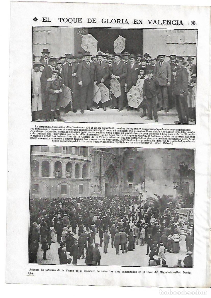 Collectionnisme: A&Ntilde;O 1916 RECORTE PRENSA EL TOQUE DE GLORIA VALENCIA DIEZ CAMPANADAS MIQUELET ASOCIACION EL GLORIOSO
