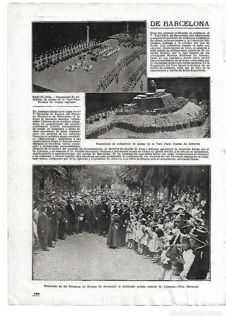 Coleccionismo: A&Ntilde;O 1916 RECORTE PRENSA ESCULTURA LLIMONA HOMENAJE EN LAS ESCUELAS DEL BOSQUE MONTJUICH BARCELONA