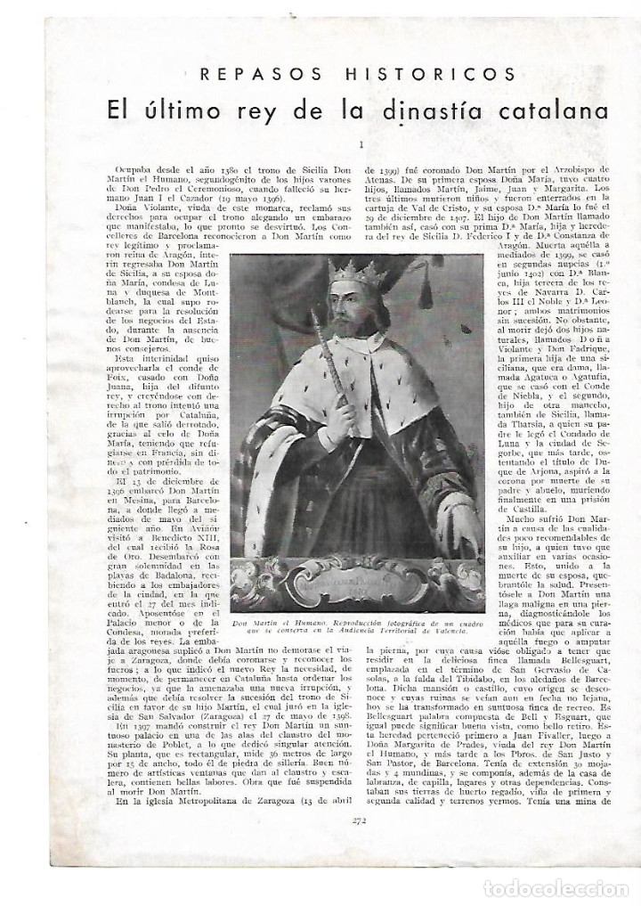 Collezionismo: A&Ntilde;O 1932 RECORTE PRENSA HISTORIA REY MARTIN EL HUMANO ULTIMO REY DE LA DINASTIA CATALANA PALACIO