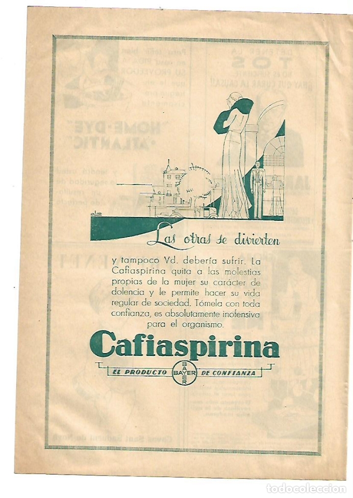 Coleccionismo: A&Ntilde;O 1933 RECORTE PRENSA PUBLICIDAD CAFIASPIRINA BAYER PRODUCTOS FAMACEUTICOS