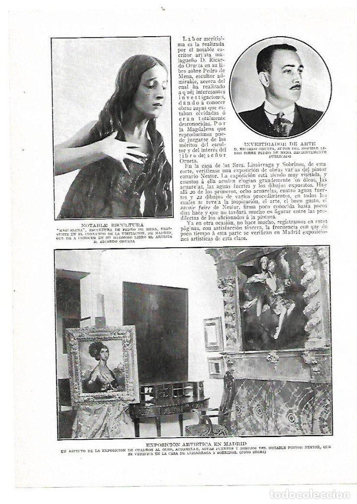 Collezionismo: A&Ntilde;O 1914 RECORTE PRENSA ESCULTURA MAGDALENA PEDRO DE MENA EXPOSICION OLEOS PINTOR NESTOR