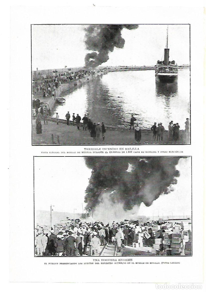 Colecionismo: A&Ntilde;O 1914 RECORTE PRENSA PUERTO MUELLE DE MELILLA INCENDIO MIL CAJAS DE GASOLINA