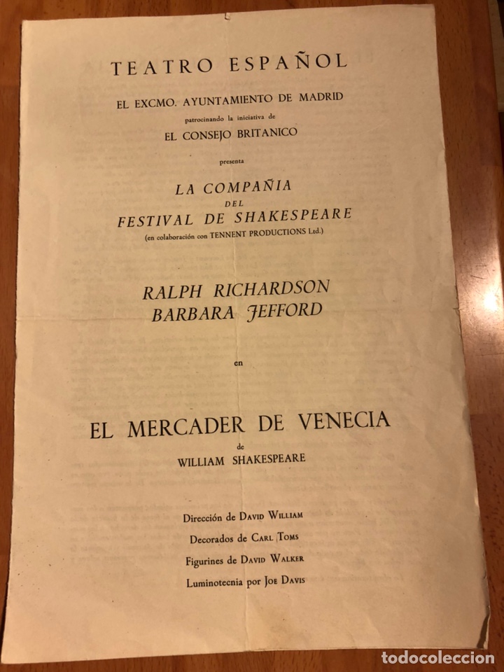 Coleccionismo: Programa teatro espa&ntilde;ol el mercader de Venecia.william shakespeare 1