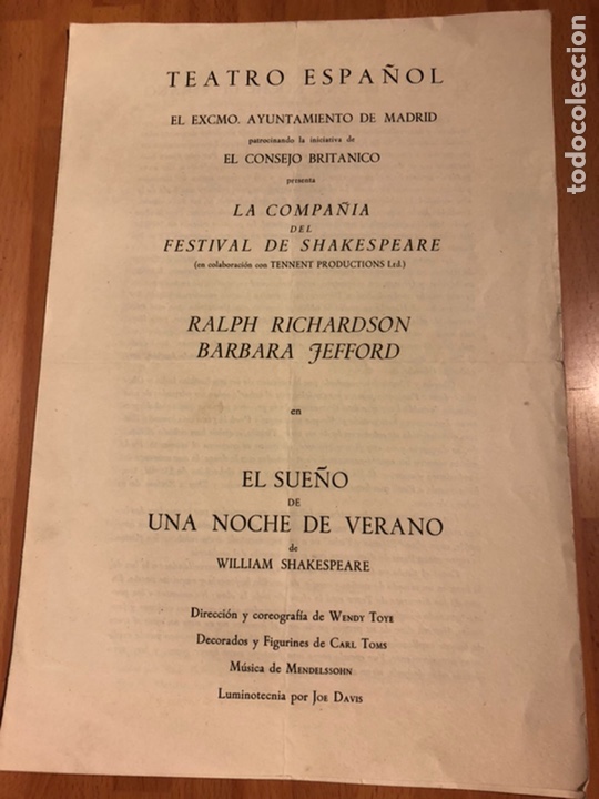 Coleccionismo: Programa teatro espa&ntilde;ol el sue&ntilde;o de una noche de verano.william shakespeare 1