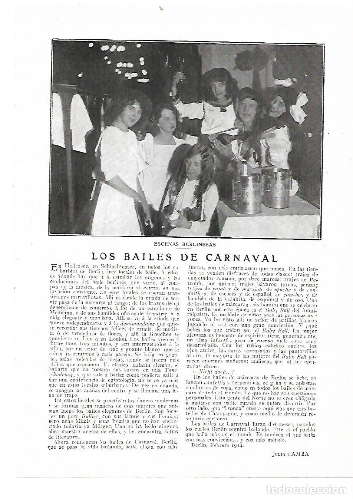 Collezionismo: A&Ntilde;O 1914 RECORTE PRENSA BERLIN ESCENAS BERLINESAS LOS BAILES DE CARNAVAL