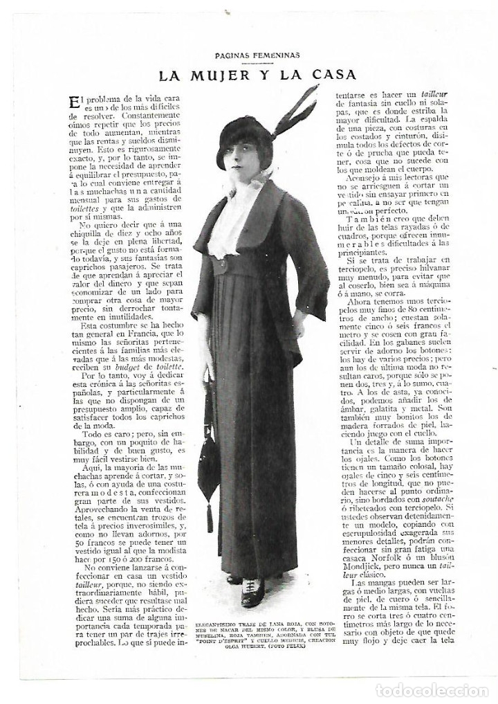 Colecionismo: A&Ntilde;O 1914 RECORTE PRENSA MODA MUJER TRAJE DE LANA BOTONES NACAR CREACION OLGA HUBERT