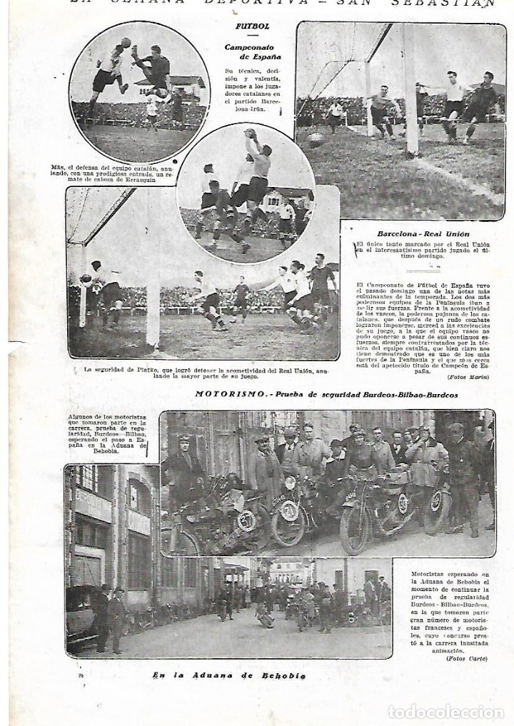 Coleccionismo: A&Ntilde;O 1928 RECORTE PRENSA DEPORTES PARTIDO FUTBOL BARCELONA REAL UNION PLATKO ERRAZQUIN MAS