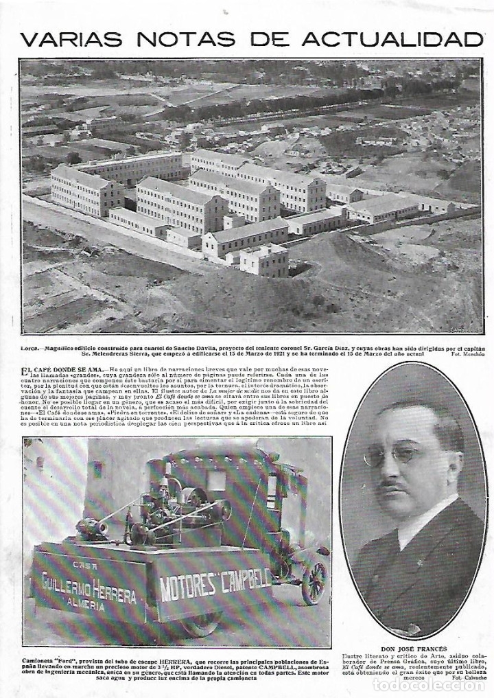 Collectionnisme: A&Ntilde;O 1924 RECORTE PRENSA LORCA MURCIA EDIFICIO CUARTEL SANCHO DAVILA GARCIA DIAZ MELENDRERAS SIERRA