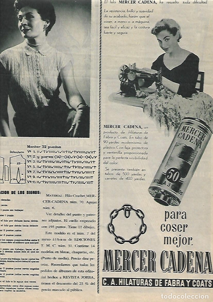 Collectionnisme: A&Ntilde;O 1958 RECORTE PRENSA PUBLICIDAD HILO DE COSER MERCER CADENA HILATURAS FABRA Y COATS