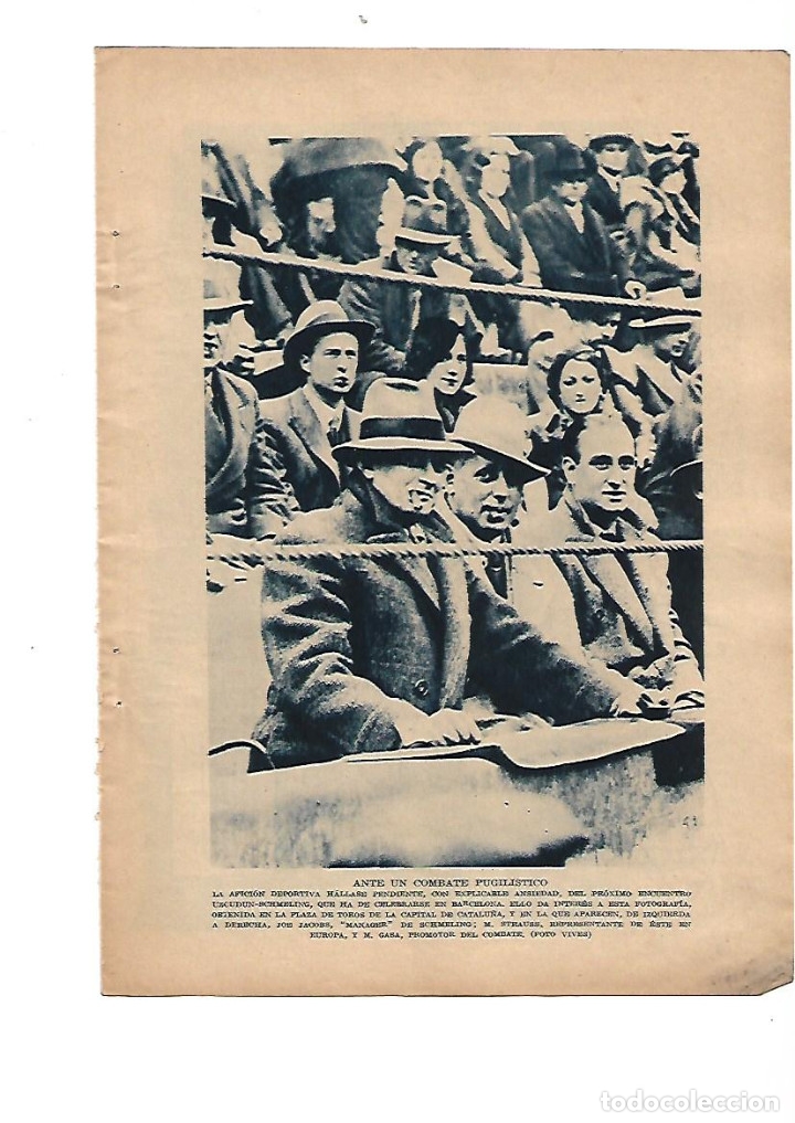Collectionnisme: A&Ntilde;O 1934 RECORTE PRENSA DEPORTES BOXEO COMBATE UZCUDUN SCHMELING JACOBS MANAGER STRAUSS GASA