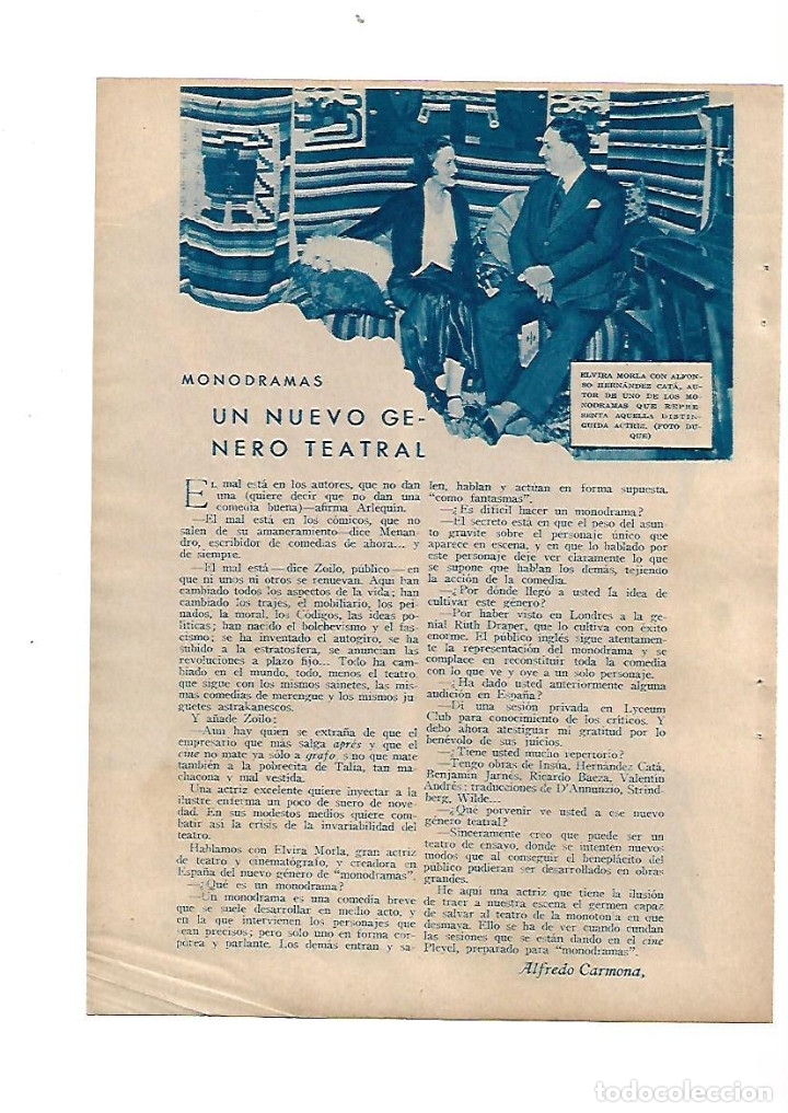 Collectionnisme: A&Ntilde;O 1934 RECORTE PRENSA TEATRO MONODRAMA NUEVO GENERO TEATRAL ELVIRA MORLA ALFONSO HERNANDEZ CATA