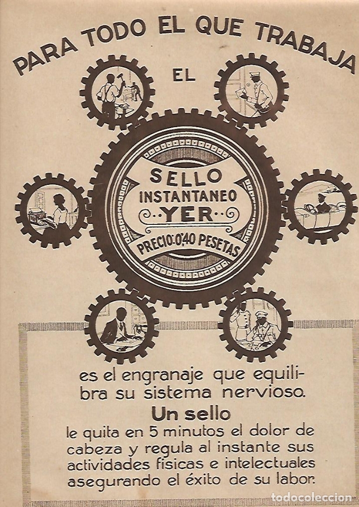 Collectionnisme: A&Ntilde;O 1924 RECORTE PRENSA PUBLICIDAD SELLO INSTANTANEO YER CALMANTE DOLOR DE CABEZA