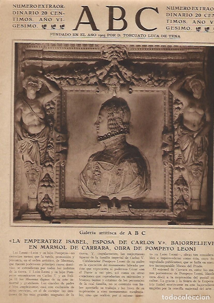 Coleccionismo: A&Ntilde;O 1924 RECORTE PRENSA  POMPEYO LEONI BAJORELIEVE MARMOL CARRARA EMPERATRIZ ISABEL CARLOS V ARTE