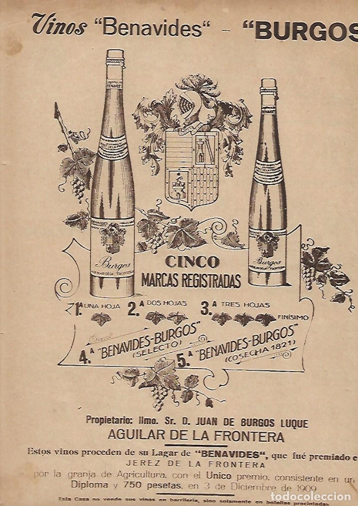 Collezionismo: A&Ntilde;O 1924 RECORTE PRENSA PUBLICIDAD VINOS BENAVIDES BURGOS AGUILAR DE LA FRONTERA
