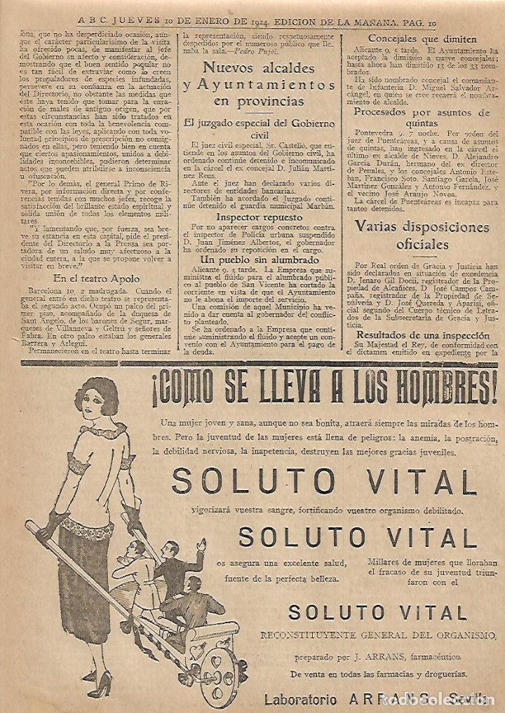 Collezionismo: A&Ntilde;O 1924 RECORTE PRENSA PUBLICIDAD SOLUTO VITAL RECONSTITUYENTE LABORATORIO ARRANS SEVILLA