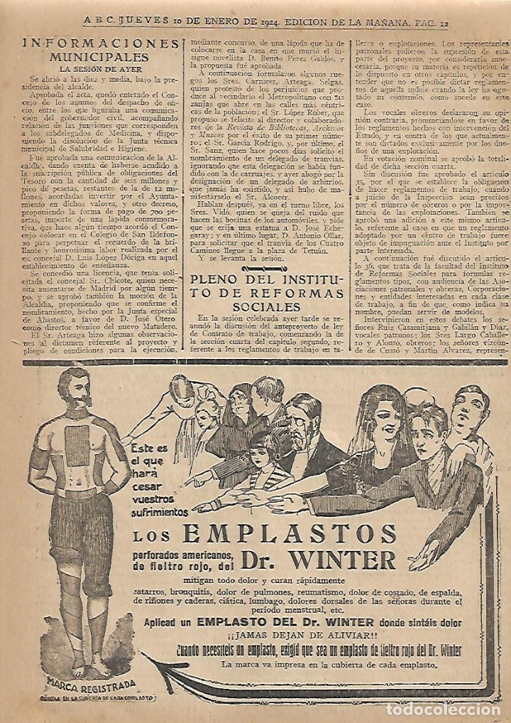 Collecting paper: A&Ntilde;O 1924 RECORTE PRENSA PUBLICIDAD EMPLASTO DOCTOR DR. WINTER CALMANTE ALIVIO DOLOR