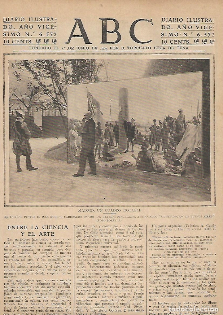 Collectionnisme: A&Ntilde;O 1924 RECORTE PRENSA PINTURA JOSE MORENO CARBONERO TERMINANDO EL CUADRO FUNDACION DE BUENOS AIRES