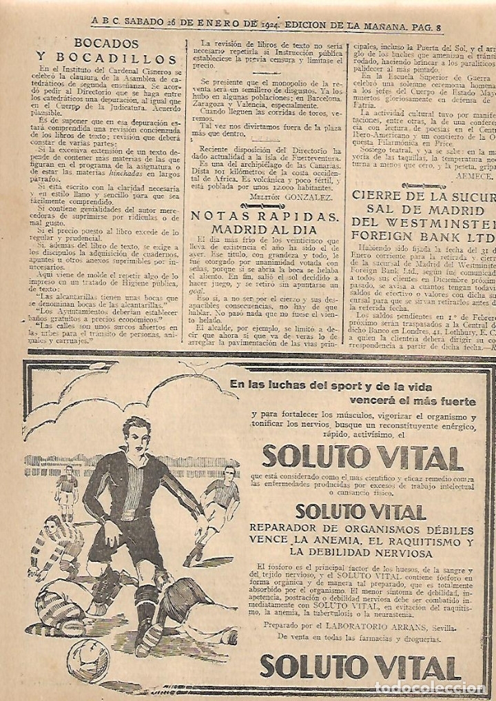 Collezionismo: A&Ntilde;O 1924 RECORTE PRENSA PUBLICIDAD SOLUTO VITAL RECONSTITUYENTE LABORATORIO ARRANS SEVILLA