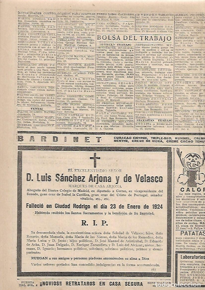 Collectionnisme: A&Ntilde;O 1924 ESQUELA MORTUORIA LUIS SANCHEZ ARJONA Y DE VELASCO MARQUES DE CASA ARJONA