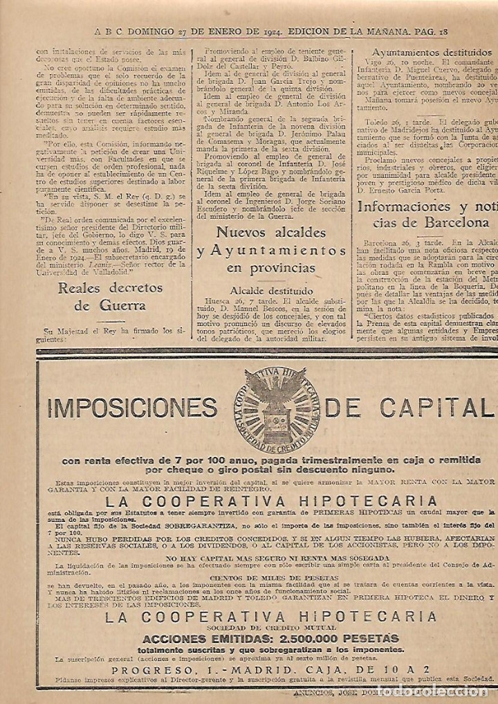 Collezionismo: A&Ntilde;O 1924 RECORTE PRENSA PUBLICIDAD LA COOPERATIVA HIPOTECARIA IMPOSICIONES CAPITAL ACCIONES BANCA