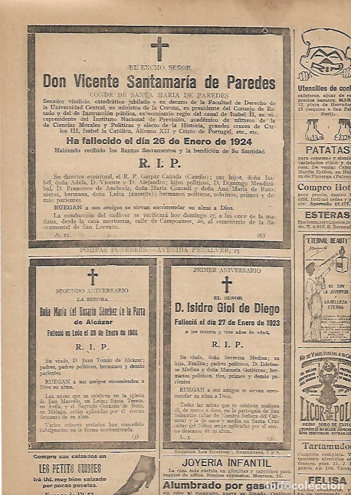 Collectionnisme: A&Ntilde;O 1924 RECORTE PRENSA ESQUELA MORTUORIA VICENTE SANTAMARIA DE PAREDES CONDE
