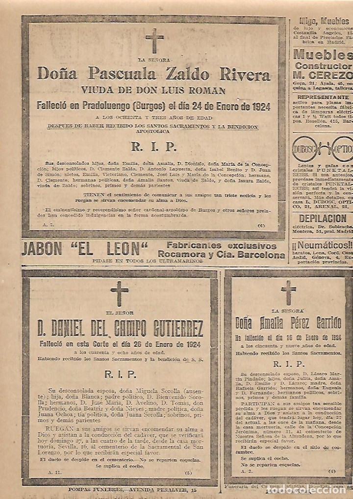 Collectionnisme: A&Ntilde;O 1924 ESQUELA MORTUORIA PASCUALA ZALDO RIVERA VIUDA LUIS ROMAN PRADOLUENGO BURGOS