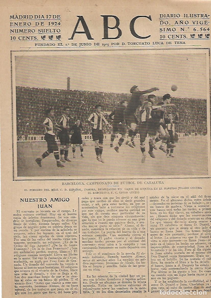 Collectionnisme: A&Ntilde;O 1924 RECORTE PRENSA FUTBOL PARTIDO BARCELONA ESPA&Ntilde;OL GUARDAMETA ZAMORA PORTERO