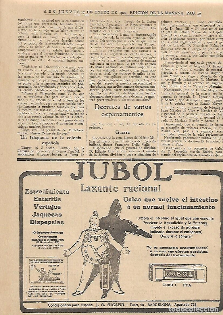 Collectionnisme: A&Ntilde;O 1924 RECORTE PRENSA PUBLICIDAD LAXANTE JUBOL CONCESIONARIO RICARD