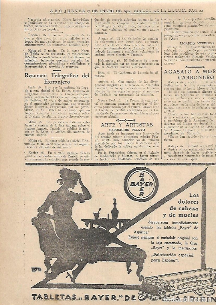 Collecting paper: A&Ntilde;O 1924 RECORTE PRENSA PUBLICIDAD TABLETAS BAYER DE ASPIRINA CALMANTE PRODUCTOS FARMACEUTICOS
