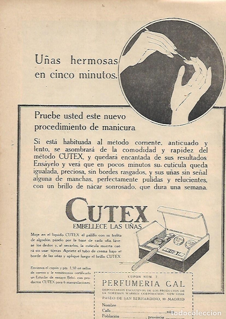Colecionismo: A&Ntilde;O 1924 RECORTE PRENSA PUBLICIDAD MANICURA METODO CUTEX PERFUMERIA GAL CUIDADO U&Ntilde;AS