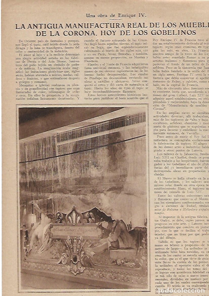 Collecting paper: A&Ntilde;O 1924 RECORTE PRENSA TAPIZ LOS GOBELINOS ANTIGUA MANUFACTURA REAL DE LOS MUEBLES DE LA CORONA