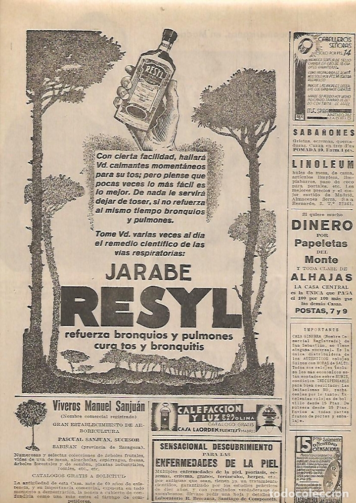 Colecionismo: A&Ntilde;O 1933 RECORTE PRENSA PUBLICIDAD JARABE RESYL TOS BRONQUIOS PULMONES PRODUCTOS FARMACEUTICOS