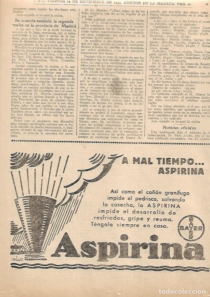 Colecionismo: A&Ntilde;O 1933 RECORTE PRENSA PUBLICIDAD ASPIRINA BAYER PRODUCTOS FARMACEUTICOS CALMANTE